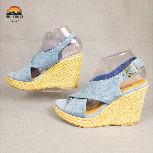 NWT American Eagle Wedges Espadrille Heels Denim Canvas Ankle Strap Women's 8 - Picture 4 of 11